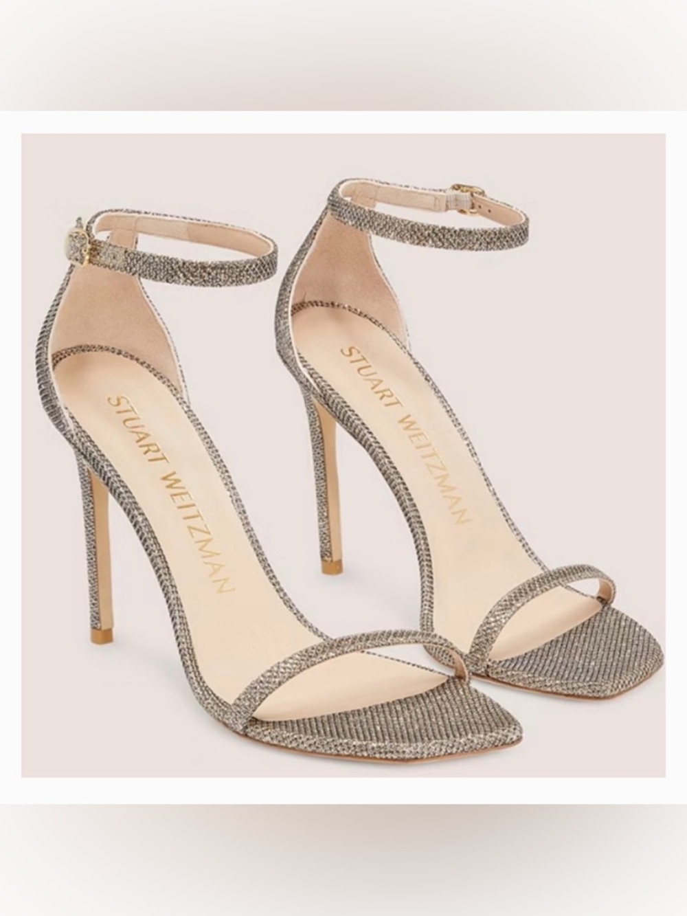 Stuart Weitzman Silver Ankle-Strap Stiletto NudistCurve 100 Sandal Heels 8.5